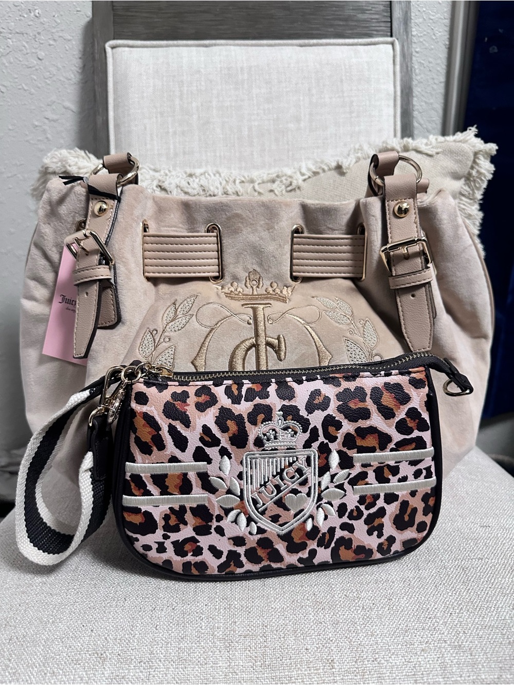Juicy Couture Beige Suede Shoulder Bag with Leopard Wristlet